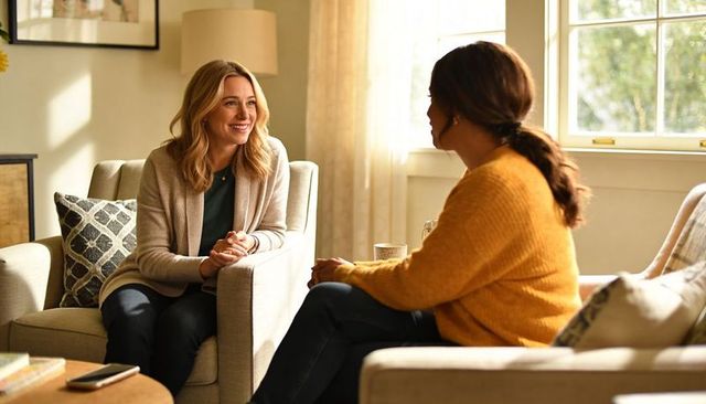 Women having warm conversation in cozy living room, casual counseling and friendship