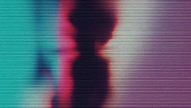 Futuristic glitch silhouette with neon and retro elements