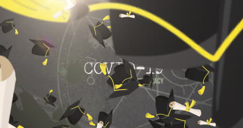 Graduation Caps Flying Against Global Network Background