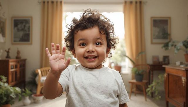 Toddler boy waving and smiling in cozy living room with plants and warm natural light
