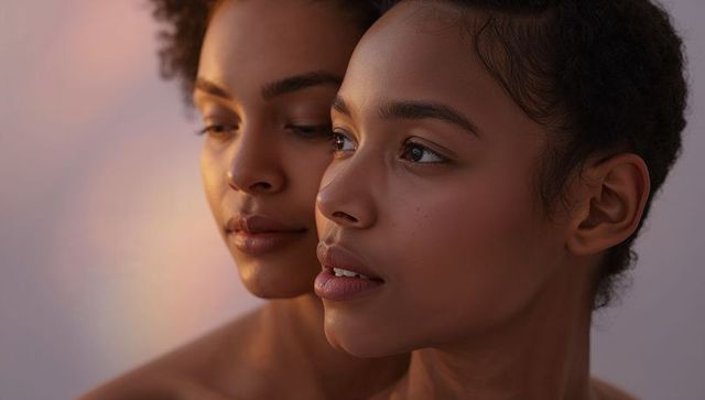 Two women sharing tender embrace closeup portrait showing intimacy warm glow and care