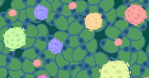 Colorful Virus Illustrations on Green Cells Background - Download Free Stock Images Pikwizard.com