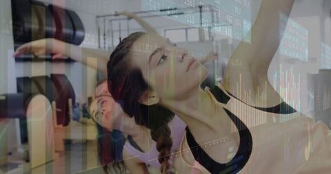 Women Practicing Pilates with Financial Data Overlay