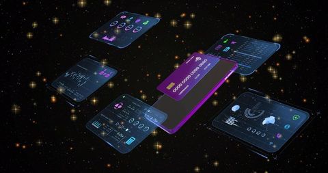 Holographic Mobile Wallet with NFC Card and Floating Data Dashboards in Galactic Interface