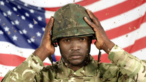 Patriotic Soldier in Camouflage With Falling Confetti and US Flag