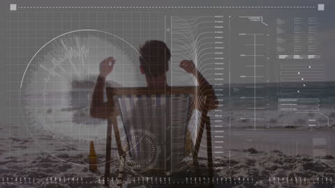 Futuristic Data Overlay on Beach Scene with Relaxing Man