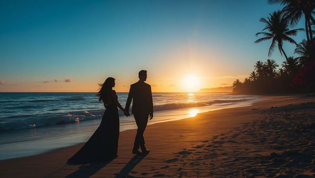 Romantic sunset beach stroll with palm trees silhouette