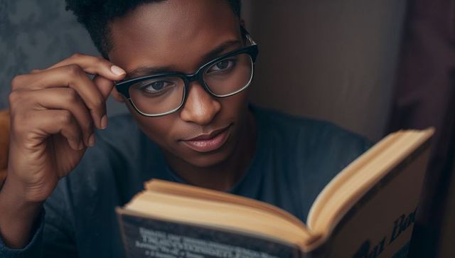 Young man reading in cozy study nook adjusting glasses warm moody intimate portrait