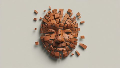 Fragmented terracotta face composed of modular clay blocks conceptual sculpture