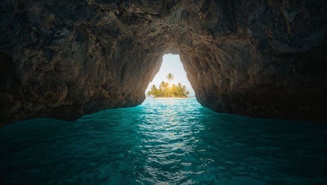Hidden cave view to tropical paradise island with palm trees