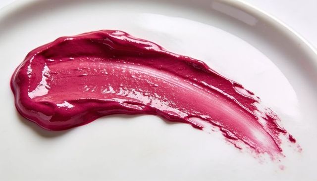 Glossy magenta cream swatch on white porcelain plate close-up beauty texture and paint-like stroke