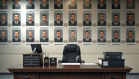 Detective office with mugshot wall and desk in law enforcement setting, criminal record theme