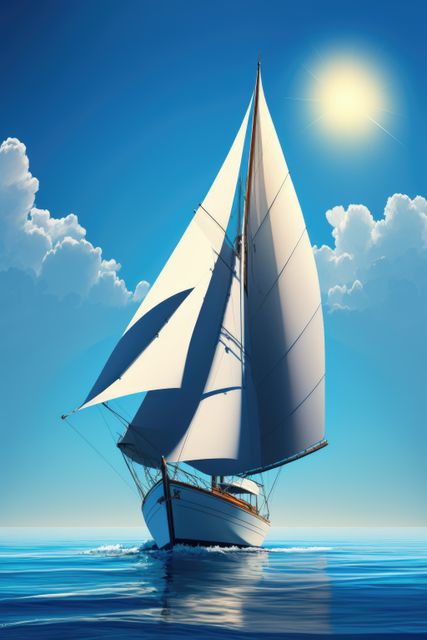 Image of sailing boat on sea over clouds and blue sky, created using generative ai technology. Transport, travel and boat, digitally generated image.