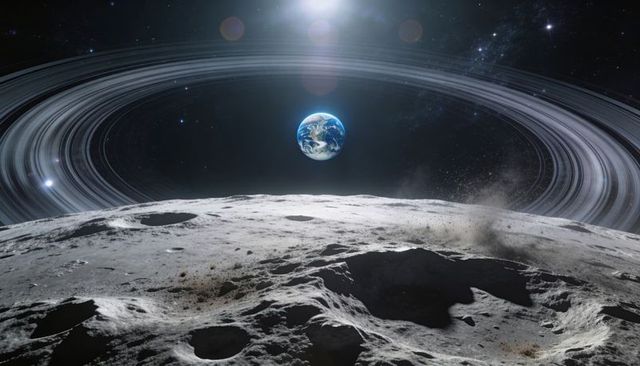 Blue earth rising above ringed lunar surface with craters, dust plumes and planetary rings