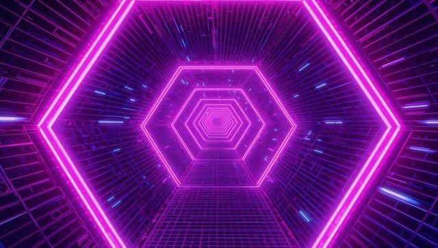 Futuristic Neon Hexagonal Tunnel with Digital Grid
