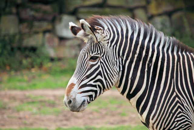 Close-up of zebra showing detailed black and white stripes. Zebra is standing on green grass with blurred stone wall in background. Useful for nature documentaries, wildlife conservation campaigns, educational content, animal-themed art, and travel blogs focusing on safari experiences.