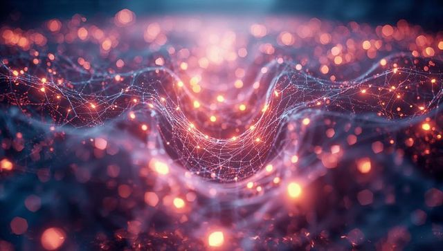 Glowing Wavy Mesh Network in Futuristic Digital Landscape