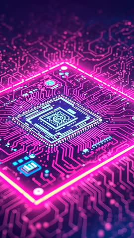 Pulsing Neon CPU Core Glowing, Showing Traces on Futuristic Circuit Board Vertical Video