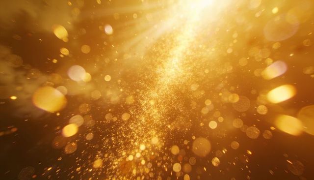 Streaming golden sparkles flowing through radiant backlight with bokeh flares