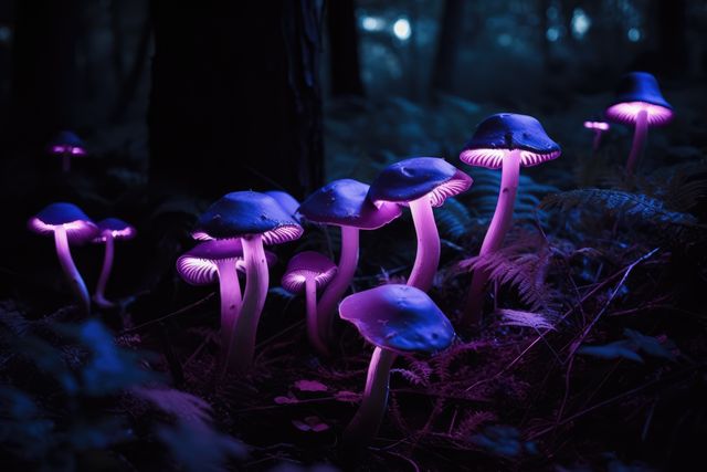 Ideal for use in nature-themed artworks, fantasy or adventure book covers, mystic or magical digital designs, and creative backgrounds. Bright luminescent mushrooms create a unique and enchanting night scene perfect for emphasizing themes of magic, mystery, and natural wonder.