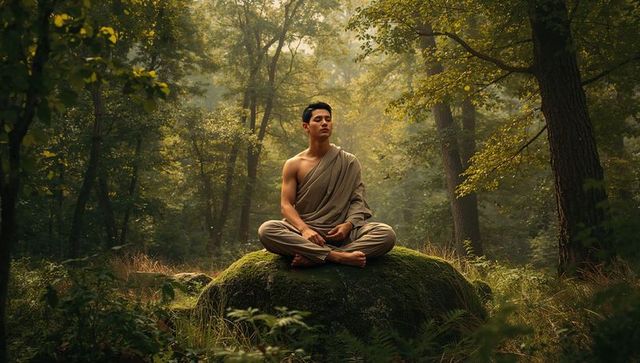 Meditating young man on moss-covered boulder in misty sunlit forest glade