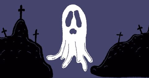 Cartoon ghost hovering over spooky cemetery halloween design