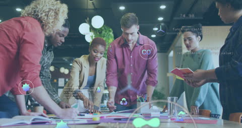 Diverse Team Collaborating on Innovative Project with Tech Overlay