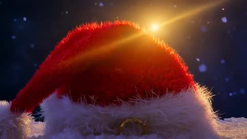 Cinematic Close-up of Plush Santa Hat Glowing in Golden Snowlight and Falling Snow