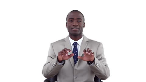 Businessman Typing on Virtual Keyboard with Positive Expression