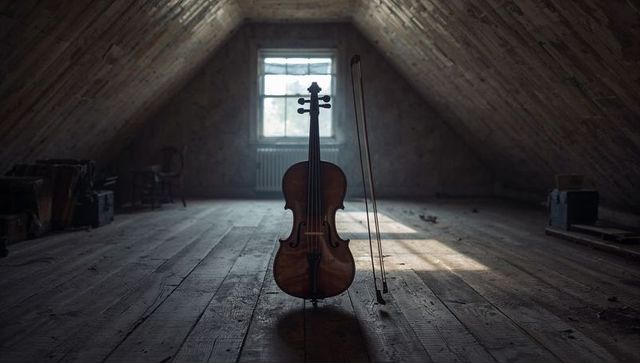 Standing wooden cello in sunlit attic evoking vintage solitude and nostalgia