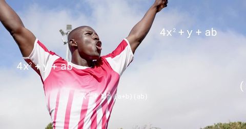 Cheering athlete raising arms celebrating victory on field with math equations overlay