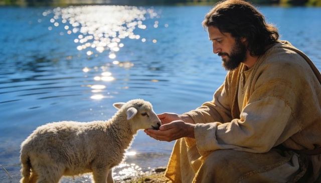 Kneeling shepherd feeding lamb by sunlit lake, pastoral tranquil scene, rustic robe