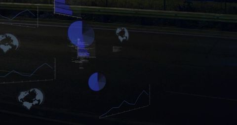 Futuristic night highway with holographic data overlays showing pie charts graphs globes