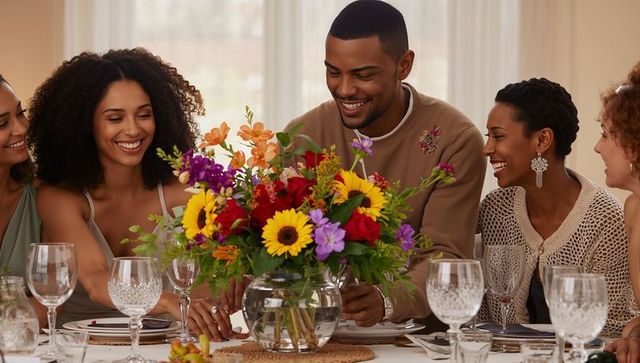 Smiling friends gathering around festive dining table arranging vibrant flower centerpiece