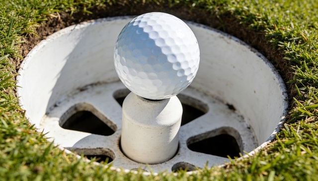 Balancing golf ball on cup sleeve in putting green close-up showing grass soil texture