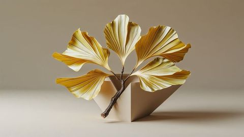 Sculptural botanical arrangement with ginkgo-like leaves on geometric base