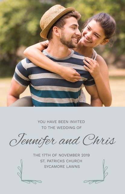 Celebrating love, a joyful couple embraces, evoking feelings of companionship and happiness. Ideal for wedding invitations, this template can also be adapted for anniversary celebrations or couple's event announcements.