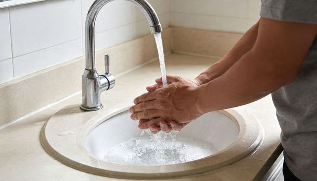 Man washing hands under chrome faucet at home sink with running water, forearms, tile backsplash