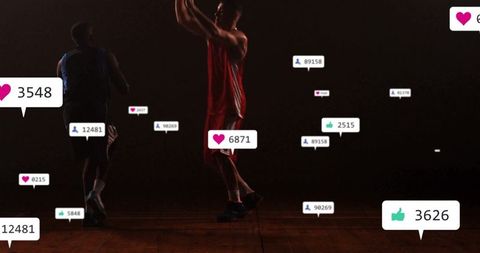 Dynamic Basketball Action with Social Media Engagement Icons