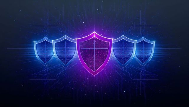 Neon cyber shield network protecting data with central magenta emblem and blue shields