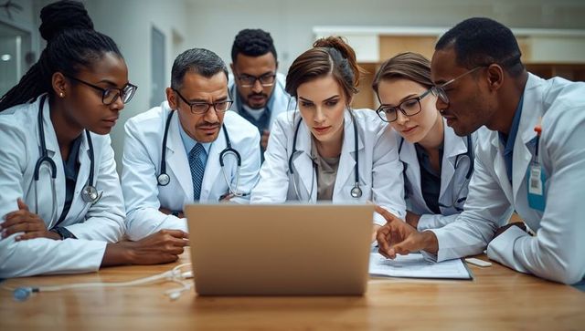 Healthcare professionals collaborate using laptop in hospital setting