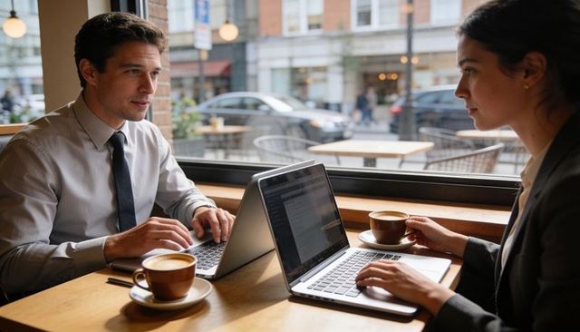 Business professionals collaborating at cafe window with laptops and coffee during meeting