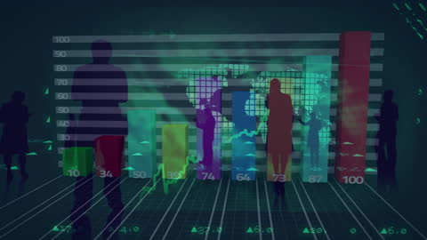 Silhouetted Business Figures Over Bar Graph and World Map