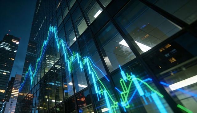 Neon financial charts projecting on glass skyscraper, nighttime city data visualization