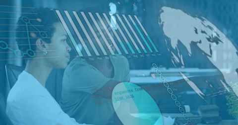 Diverse business team analyzing financial data with global interface