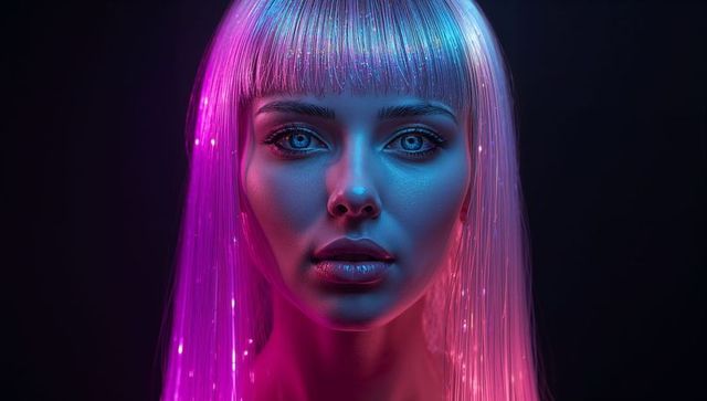 Futuristic Model with Glowing Fiber-Optic Hair under Magenta and Cyan Neon Beauty Lighting