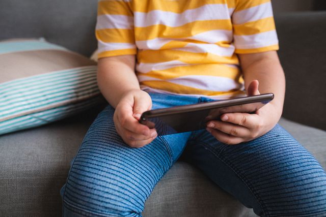 Boy sitting on a couch at home using a digital tablet. Ideal for illustrating concepts related to childhood, technology use, screen time, and modern lifestyle. Suitable for articles, blogs, and advertisements focusing on children's interaction with technology, educational apps, or family life.