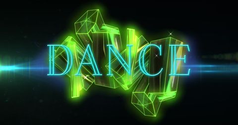 Neon dance text with green crystals against black background