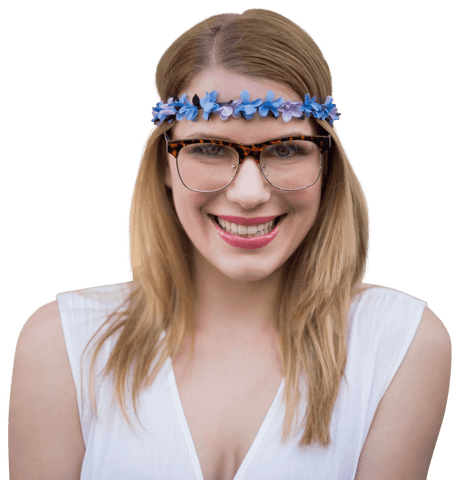 Joyful woman with sunglasses and flower crown on transparent background