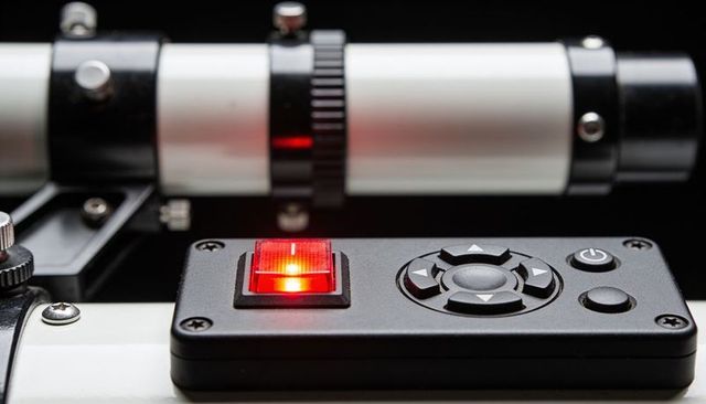 Illuminated red rocker switch and joystick on precision control panel for optical tube